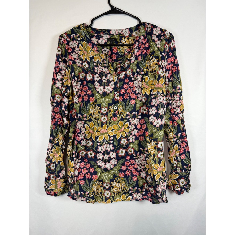Talbots Womens Medium Floral Long Sleeve Cotton Blouse Navy Pink Green Top